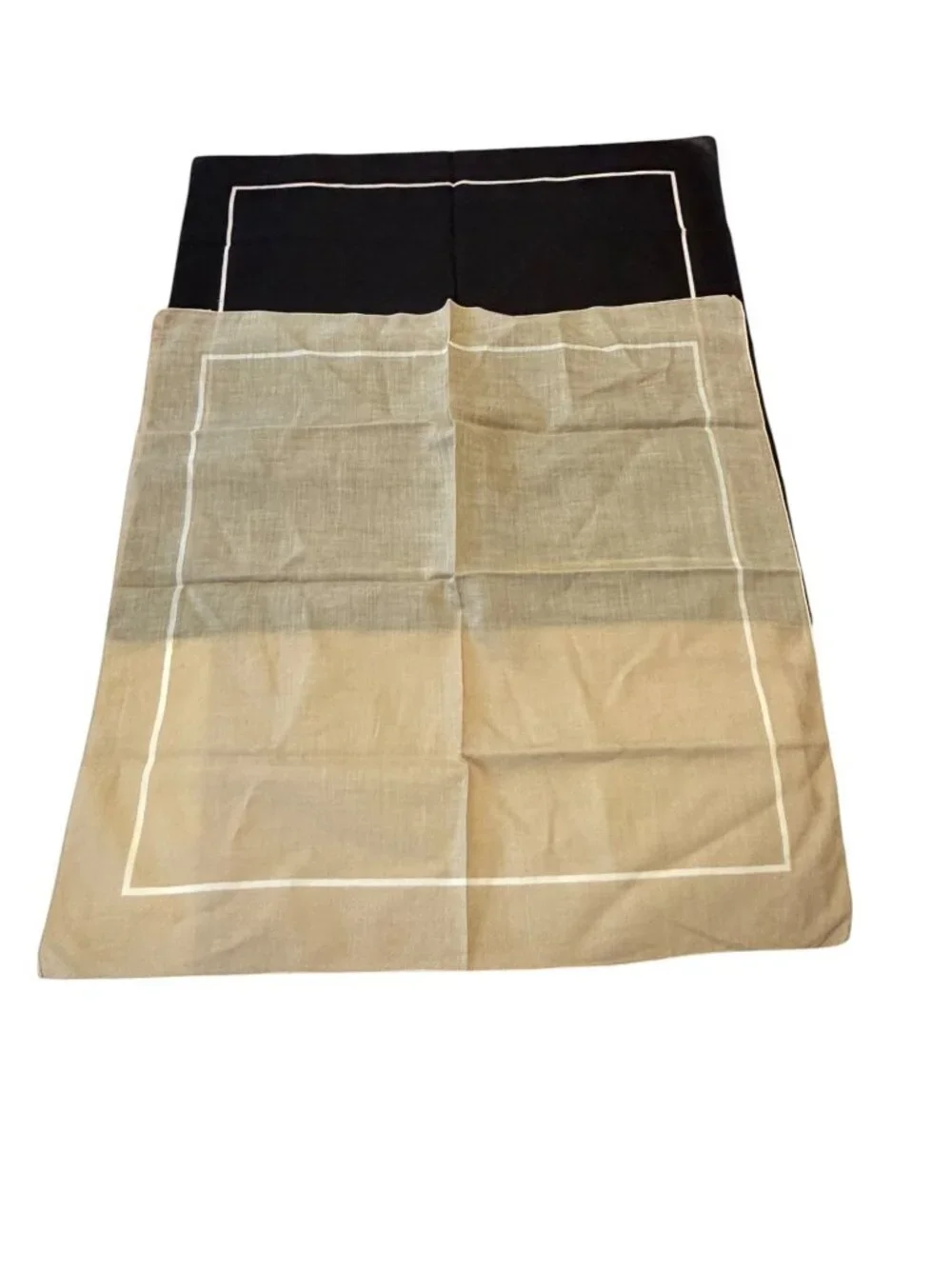 Set of 2 Vintage Linen Handkerchiefs Black & Beige White Border 20 Inch Square